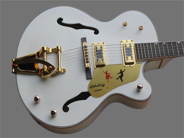 

hollow 6-string jazz electric guitar, pure white body, gold plated hardware, gold jazz rocker bridge, sh