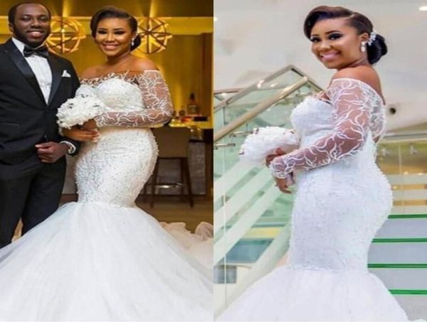 

2020 new mermaid wedding dresses off shoulder illusion lace beads long sleeves open back court train african black girl brida3320783, White