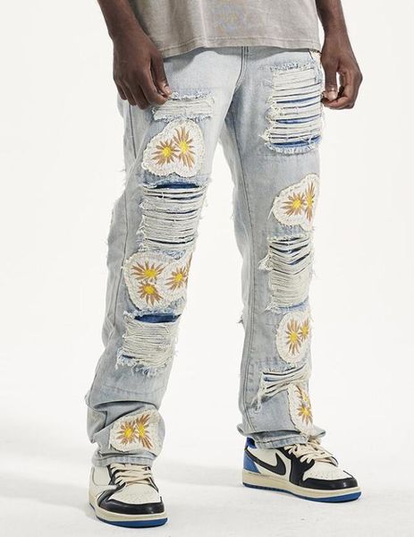 

high street daisy patch washed jeans men039s fashion streight leg hole denim pants retro loose casual trousers hy4448713, Blue