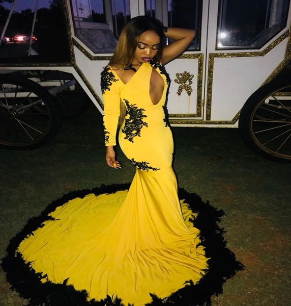 

yellow spandex mermaid prom dresses one shoulder long sleeve formal evening gowns appliques feathers luxurious evening dress3632013, Black