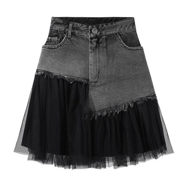 

skirts gothic casual plus size mesh patchwork ruffles mini denim streetwear jeans skirt female irregular pleated2048635, Black