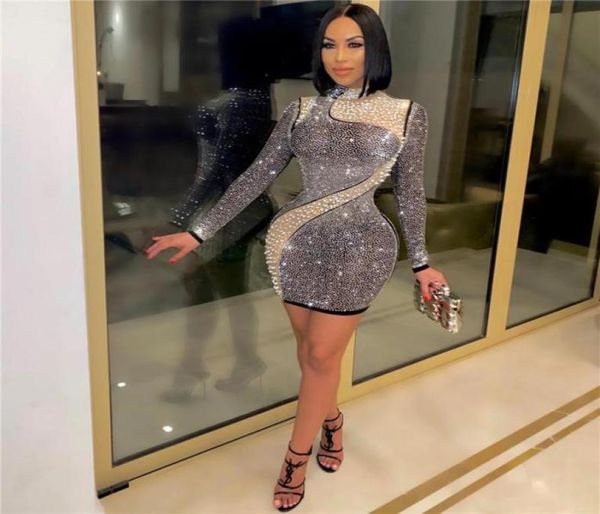 

casual dresses women o neck diamonds dress designer long sleeve bodycon mini mesh patchwork party club elegant vestidos8852065, Black;gray