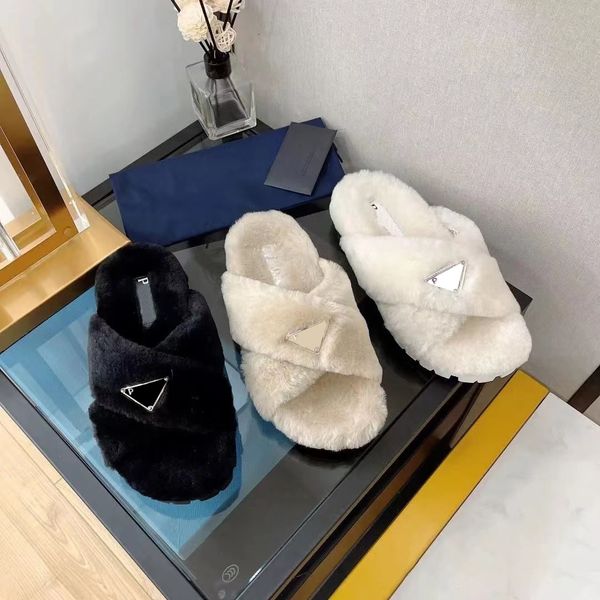 

designer shoe triangle sandales slippers woman fluffy platform fashion sandal open toe wool slides men winter teddy bear house slipper lady, Black