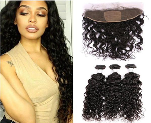 

virgin indian human hair wet wavy weave bundles 3pcs with silk base frontal water wave 13x4 silk lace frontal closure with wea5407787, Black;brown