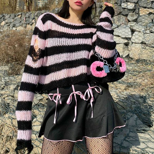 

women's sweaters deeptown y2k pink striped sweater women goth cropped ripped knitted pullover gothic female jumper grunge harajuku stre, White;black