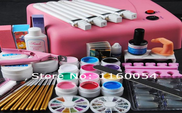 

whole2015 new pros 36w pink uv lamp 12 colors uv gel solid uv gel cleanser plus nail tools kit 230 amp9689835
