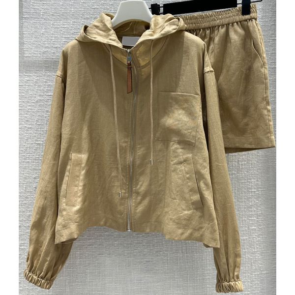 

8.5 fashion hooded drawstring linen cotton loose jacket with shorts women's two piece sets, White