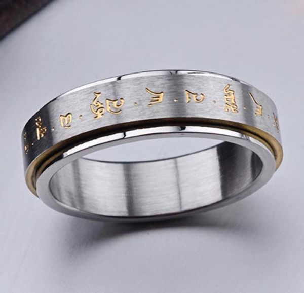 

fashion men buddha rotation spinning mantra letter ring titanium steel fine jewelry gift ll17 cluster rings7248805, Golden;silver