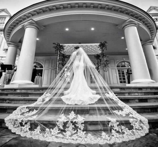 

white ivory bridal veils one layer lace applique cathedral length 500cm wedding veil velo accessories mantilla with comb wraps4350645, Black