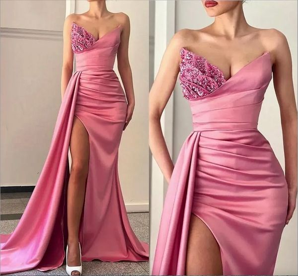 

arabic watermelon evening dress sweetheart front split pleats ruffles long prom formal gowns beaded crystals robe de soiree 2023 new, Black;red