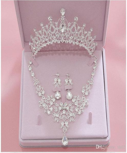 

bridal accessories 2019 silver crystal bridal jewelry sets necklace earrings crown wedding jewelry headpieces accessories christma9409005, White