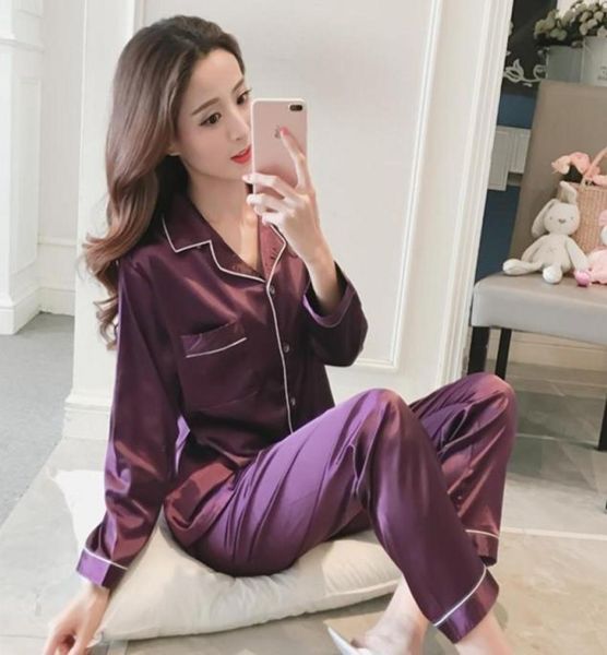 

2 piece pj set women sleepwear long sleeve nightgown plus size m5xl silk satin ladies pajama set turndown collar pyjamas585991648206, Black;red