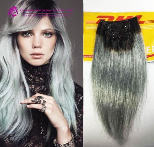 

2015 fashion black to grey mermaid colorful ombre brazilian clip in hair extensions two ombre sliver grey clip in hair 7pcs set6796624, Black;brown