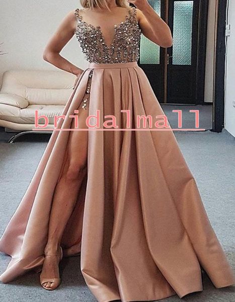 

beaded crystal long prom dresses illusion neck dusty pink satin formal evening gowns detachable train sequins split cocktail party7737797, Black