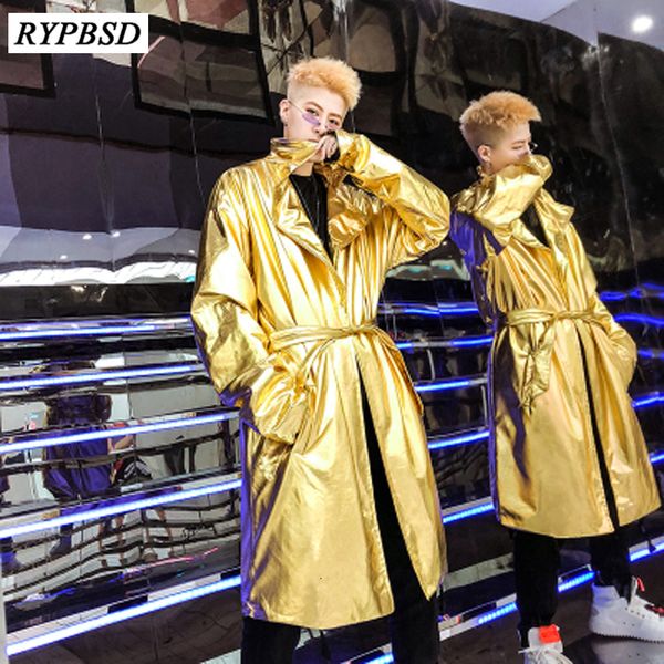 

men's trench coats gold silver long coat men shiny nightclub stage dance windbreaker jacket fashion korean autumn loose cloak cape 2308, Tan;black