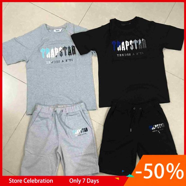 

men's trapstar embroidered t shirt short sleeve outfit chenille tracksuit black cotton london streetwear size s-2xl sports and leisure, White;black