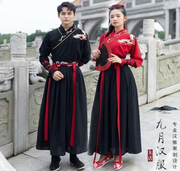 

stage wear men women ancient chinese costume hanfu festival performance folk dance traditional couples dress5519496, Black;red