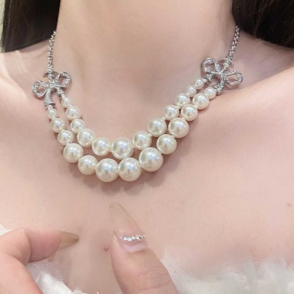 

escaping princess vivienne empress dowager double layer pearl bow necklace bracelet high grade light luxury super sparkling diamond, Silver
