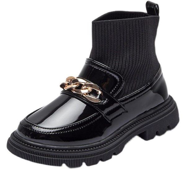 

boots metal chain girls boys fashion pu leather knitting patchwork slip on kids socks shoes anti children ankle 26362165250, Black;grey