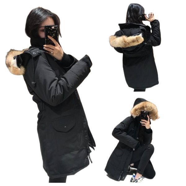 

goose womens down jacket parkas elegant women winter medium-long jackets hooded real wolf fur collar coats thicken wadded warm plus size 3xl, Black