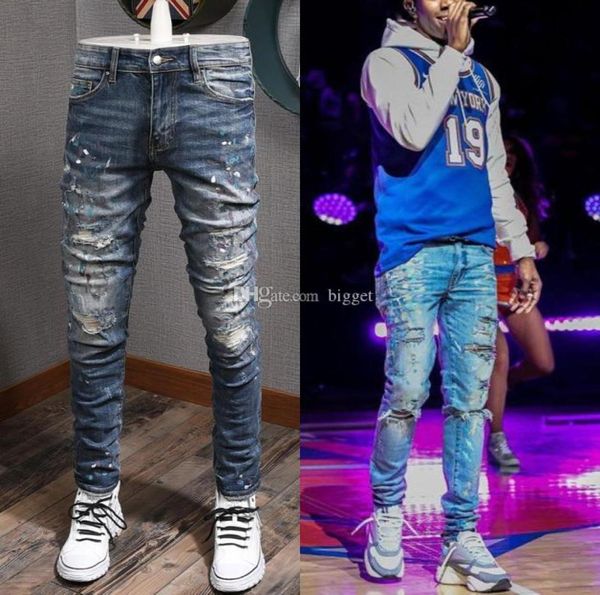 

stretch design denim biker jeans 2021 for mens slim fit painted patch trim leg cowboy pants male888291011, Blue