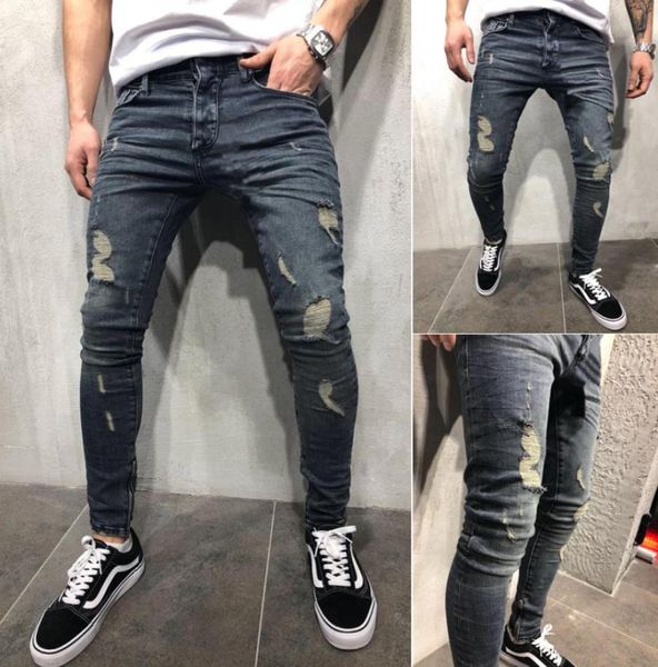 

mens cool skinny jeans hole leg opening zipped worn out slim fit plus size all season urban wind biker pants4306376, Blue