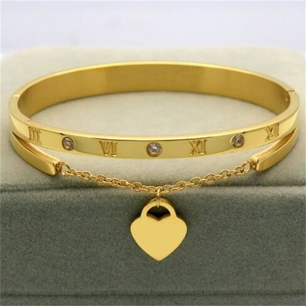 

european and american fashion design bracelet women hang heart shaped label always love titanium steel bracelet women jewelry gift ae1043, Golden;silver