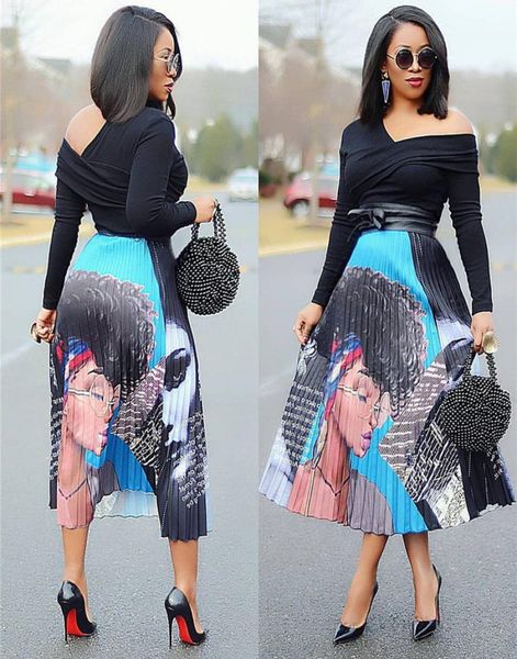 

summer women pleated skirt cartoon fashion print pleated skirts elastic loose skirt night club design skirts clothes s3xl5041964, White