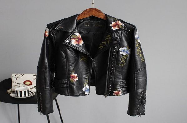 

2020 brand women jackets floral print embroidery soft leather female jacket coat casual pu motorcycle punk outerwear7072783, Black