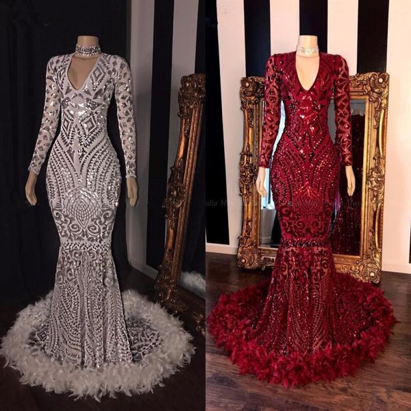 

2020 new sequins feather dark red mermaid african prom dresses royal blue long sleeves v neck sequined formal evening dress p166q, Black;red
