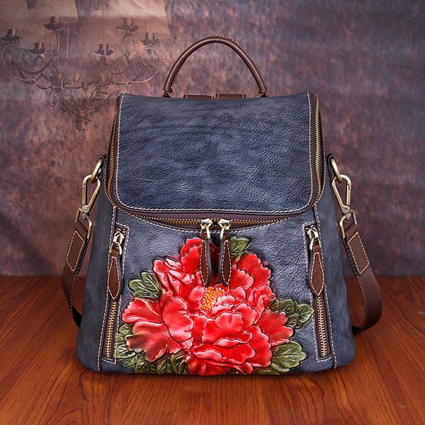 

school bags cowhide embossed rucksack female 3 use daypack travel shoulder bag flower pattern retro knapsack women backpack genuine leather