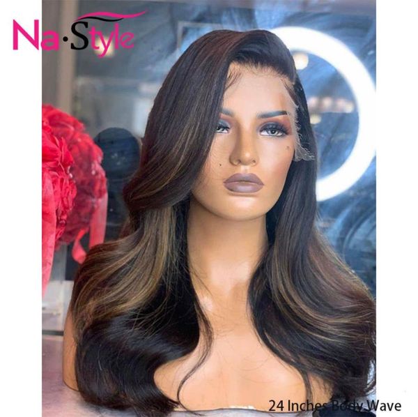 

1b4 t part wigs pre plucked glueless highlight body wave honey blonde ombre human hair wig brazilian hair for women 150 remy6376324, Black;brown