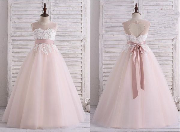

cute blush designer flower girls dresses 2022 sheer neck lace applique keyhole back floor length first communion dress 001845, White;blue