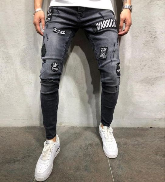 

mens stretchy ripped skinny biker jeans destroyed slim fit denim pants male elastic waist harem pants jeans1232849, Blue