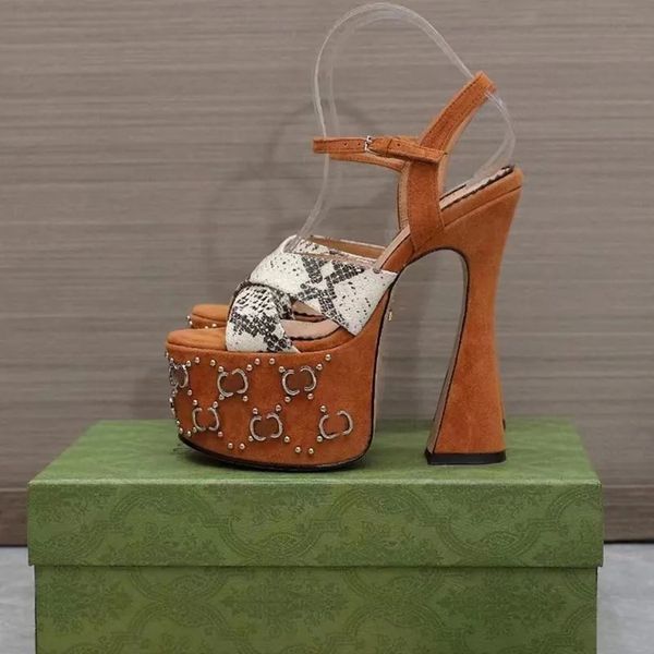 

the latest stud sandals with interlocking embellished cross ankle strap horseshoe heels, high heels double waterproof platform 15.5cm design, Black