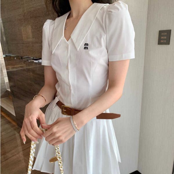 

23ss spring summer new dress small v polo collar embroidered letter shirt skirt designer skirt waist pleated dress womens clothing, Black;gray