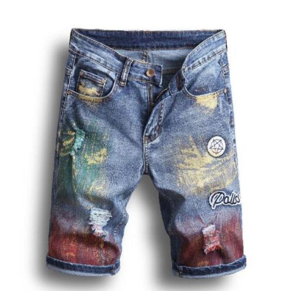 

2019 mens jeans broken hole embroidered flower denim shorts mens slim straight spray painted pants 6418977, Blue