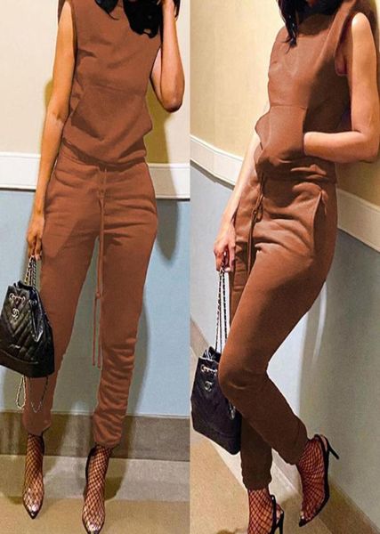 

women039s two piece pants 2022 autumn shoulder pad kangaroo pocket sleeveless hooded drawstring set jogging suits womens tr4196672, White