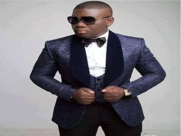 

navy blue jacquard groom tuxedos shawl lapel men wedding tuxedos men jacket blazer excellent 3 piece suitjacketpantstievest 81109453, Black;gray