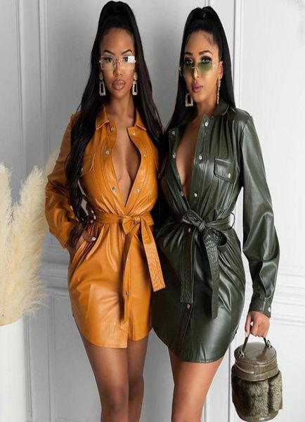 

pu faux leather shirt dress women clothing turndown collar button mini party dress night club wear with belt vestido5621401, Black;gray