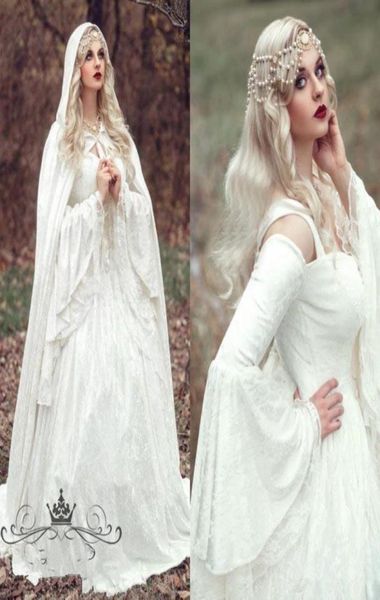

renaissance gothic lace ball gown wedding dresses with cloak plus size vintage bell long sleeve celtic medieval princess bridal go3358471, White