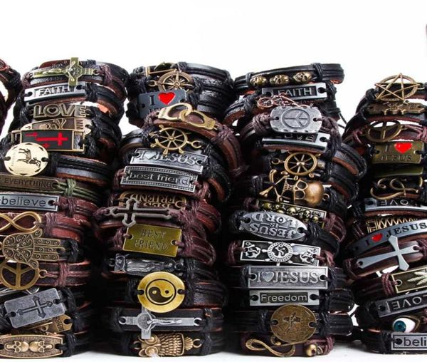 

whole leather bracelet charm party gifts punk biker jesus skull vintage bangle wristbands mens womens surfer cuff wristband lo1077449, Golden;silver