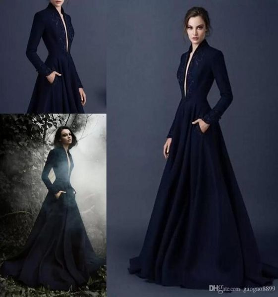 

navy blue prom dresses beaded appliques long sleeves v neck floor length evening gowns vestidos de festa7362838, Black