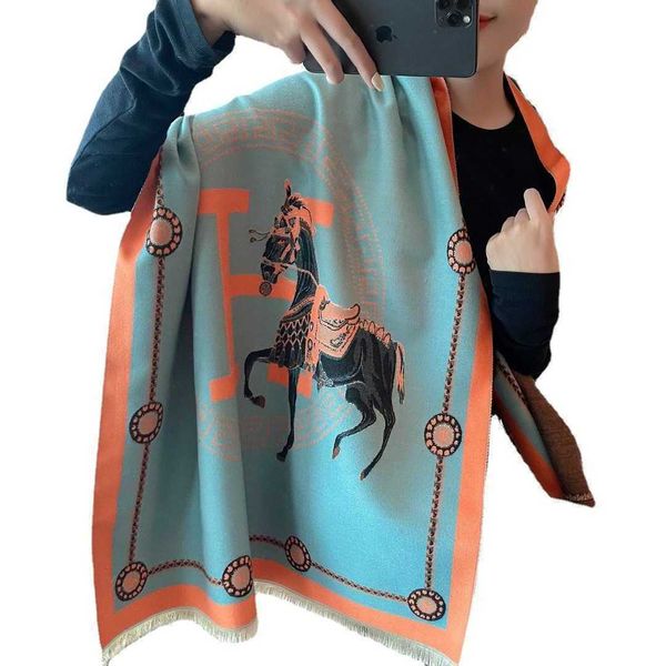 

classic imitation cashmere letter h jacquard thick scarf in autumn winter simple high grade windproof and warm large shawl kibs, Blue;gray