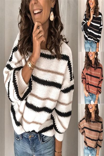 

hirigin new fashion womens knitted jumper warp ladies long sleeve loose sweater female striped oneck casual 294414, White;black