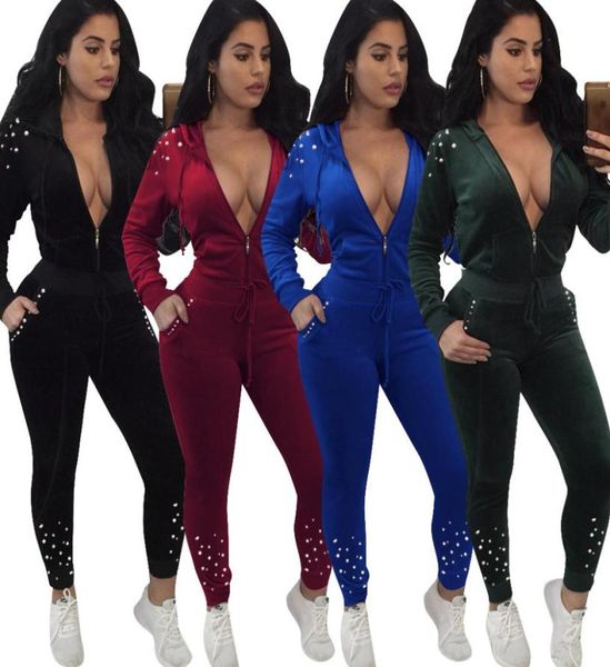 

new arrival womens tracksuits beading solid velvet tracksuit two piece set hoodie and pants full sleeve casual set velour swea6814498, Gray