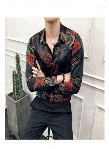 

men039s dress shirts printed floral satin buttons front nightclub party c1624475454, White;black