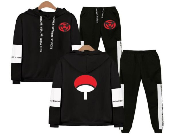 

autumn winter anime hoodies sweatshirt + sweatpants suits men women harajuku hip hop uchiha hatake uzumaki two piece set y2007067312525, Black