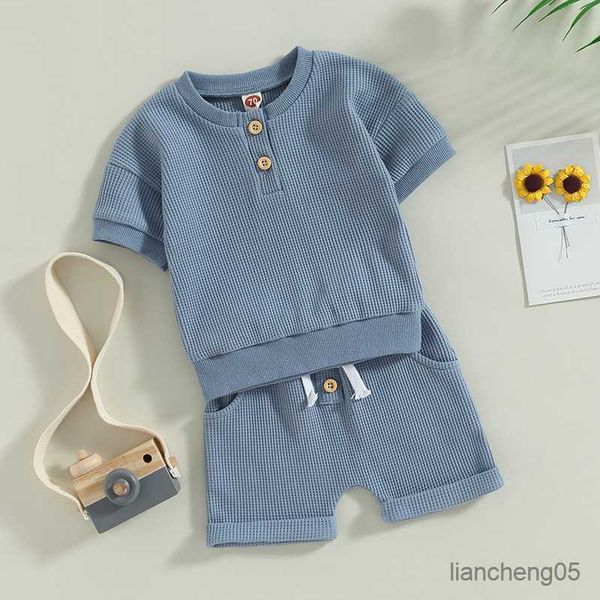 

clothing sets 2023-02-17 infant boys summer clothes outfits solid buttons crew neck short sleeve shorts 2pcs suit r230805, White