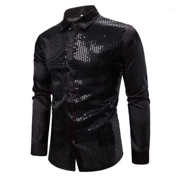 

mens black long sleeve button down dress shirts 2020 shiny sequin silk satin shirt men business party shirt male chemise homme17714825, White;black